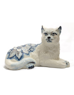 Lying Cat in Caltagirone Ceramic with Blue Flower