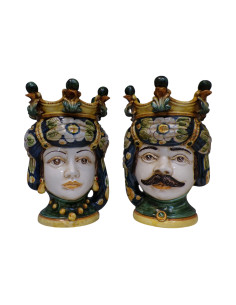 Coppia Teste di Moro con decoro a foglia in Ceramica di...