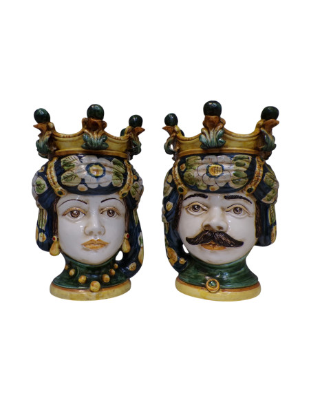 Coppia Teste di Moro con decoro a foglia in Ceramica di Caltagirone