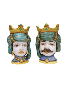 Coppia Teste di Moro verdi in Ceramica di Caltagirone