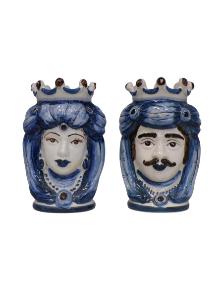 Coppia Teste di Moro blu monocromatiche in Ceramica di Caltagirone