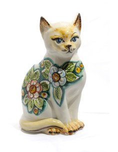 Gatto in Ceramica di Caltagirone con Decoro Floreale Rosso