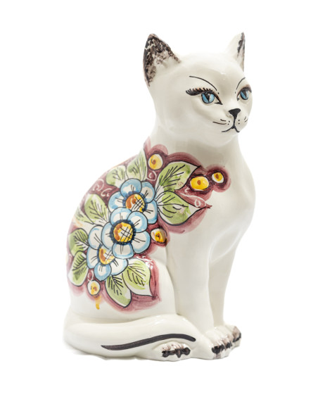 Caltagirone Ceramic Cat with Red Floral Decoration