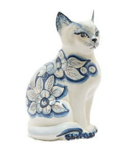 Gatto in Ceramica di Caltagirone con Decoro Floreale Blu