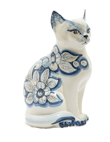 Caltagirone Ceramic Cat with Blue Floral...
