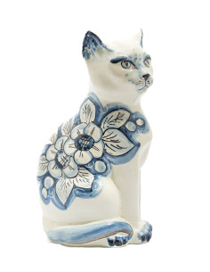 Caltagirone Ceramic Cat with Blue Floral Decoration