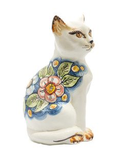 Caltagirone Ceramic Cat with Blue Floral Decoration