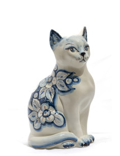 Gatto in Ceramica di Caltagirone con Decoro Floreale Blu