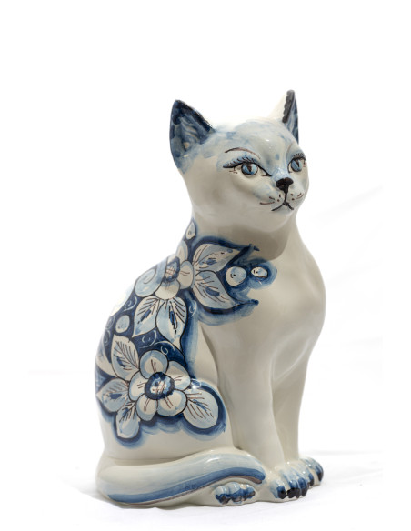 Caltagirone Ceramic Cat with Blue Floral Decoration