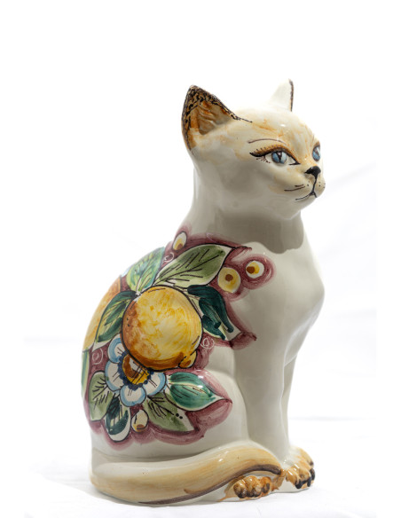Gatto in Ceramica di Caltagirone con Decoro Floreale Limone