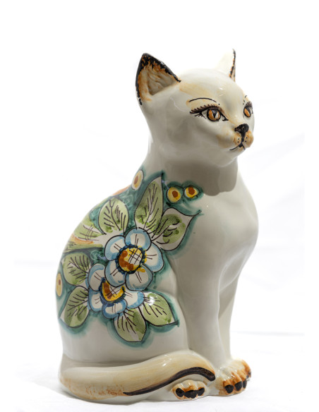 Gatto in Ceramica di Caltagirone con Decoro Floreale Verde