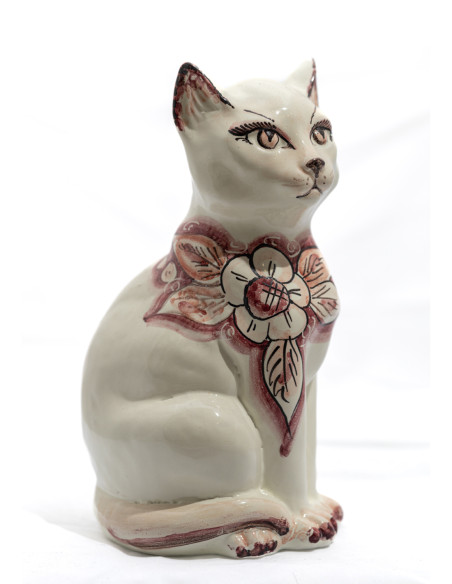 Gatto in Ceramica di Caltagirone con Decoro Floreale Rosso