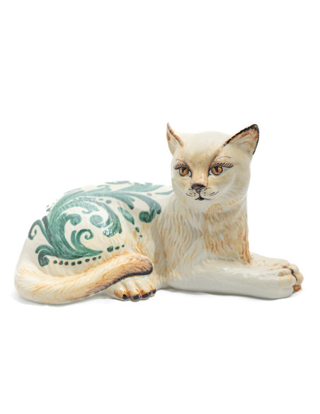 Gatto sdraiato in Ceramica di Caltagirone con Decoro Verde