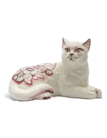 Gatto sdraiato in Ceramica di Caltagirone con Decoro Fiore Rosso