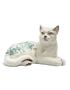 Lying Cat in Caltagirone Ceramic with Green Floral...