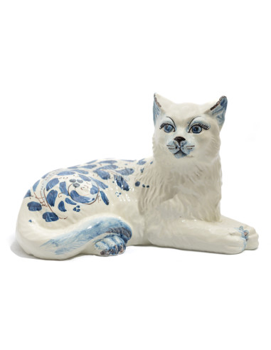 Lying Cat in Caltagirone Ceramic with Blue...