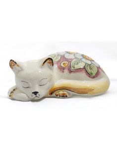 Sleeping Cat in Caltagirone Ceramic with Red Flower