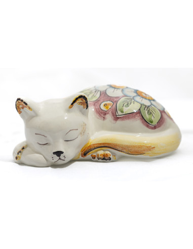 Sleeping Cat in Caltagirone Ceramic with Red...