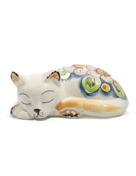Gatto addormentato in Ceramica di Caltagirone con Fiore Blu