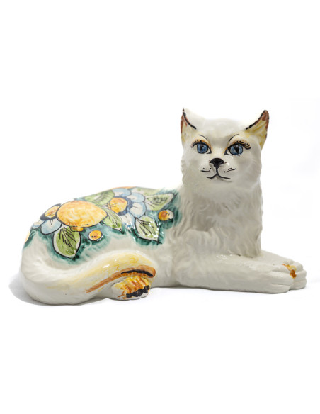 Gatto sdraiato in Ceramica di Caltagirone con Decoro Fiore Verde